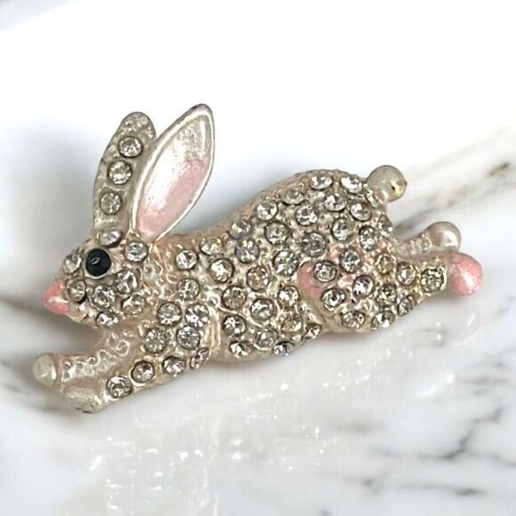 VTG Easter Rhinestone Pave Adorable Peter Cottontail Bunny Brooch - Picture 1 of 11